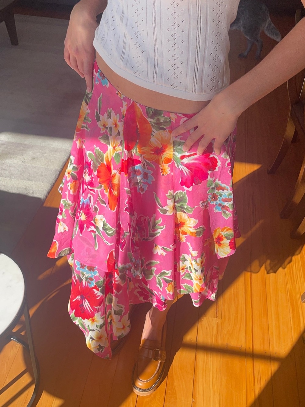 Ralph Lauren Pink Silk Tropical Floral Asymmetrical Midi Skirt, Handkerchief Hem